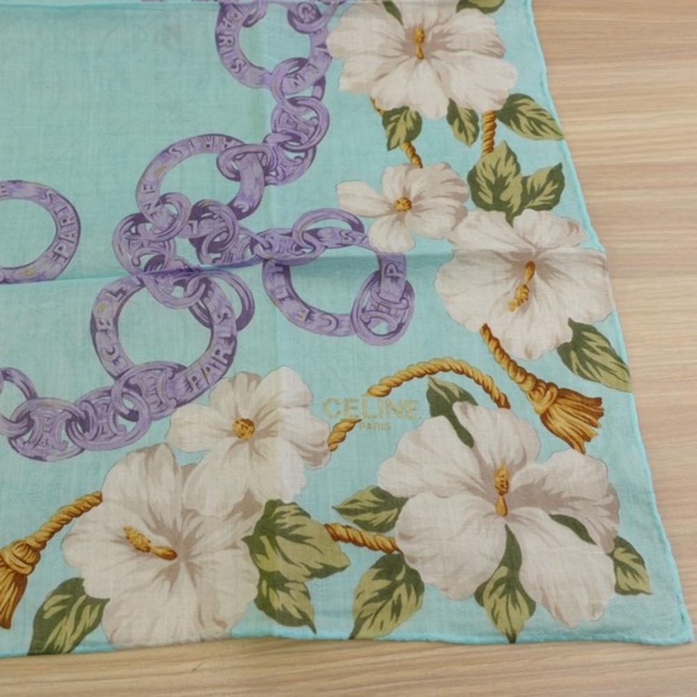 90s VTG CELINE Paris Handkerchief Blue Hibiscus Chain Link Scarf AUTH Luxe 20x19 - Picture 11 of 13
